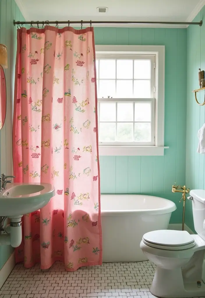 29 Pink And Green Bathroom Ideas That Look Trendy - 16. Playful Shower Curtain 1