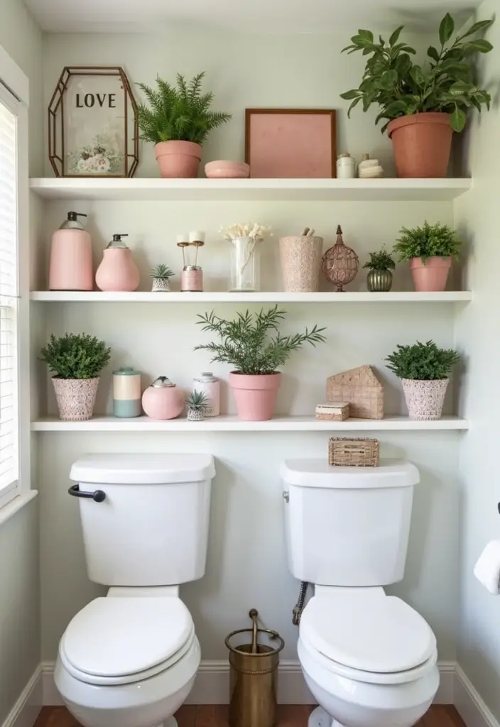 29 Pink And Green Bathroom Ideas That Look Trendy - 23. Open Shelving 1
