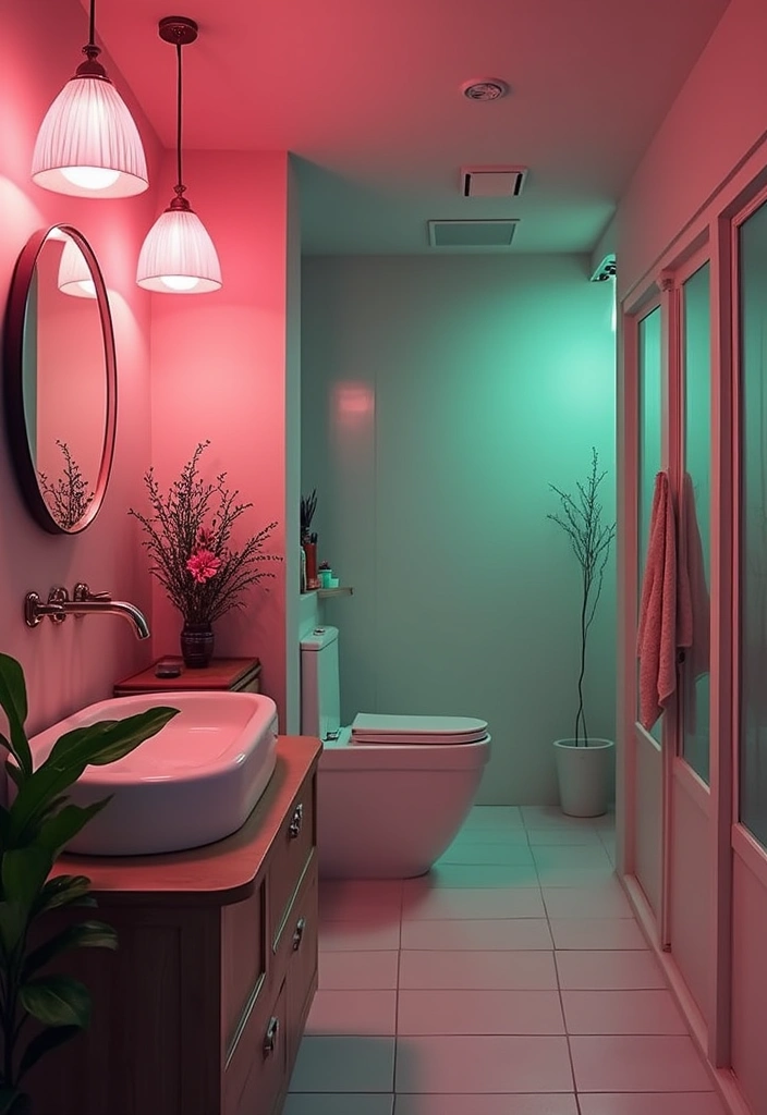 29 Pink And Green Bathroom Ideas That Look Trendy - 8. Bright Lighting 1