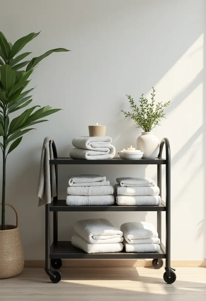 29 Towel Display In Bathroom Ideas That Look Boutique - 21. Chic Towel Carts 1