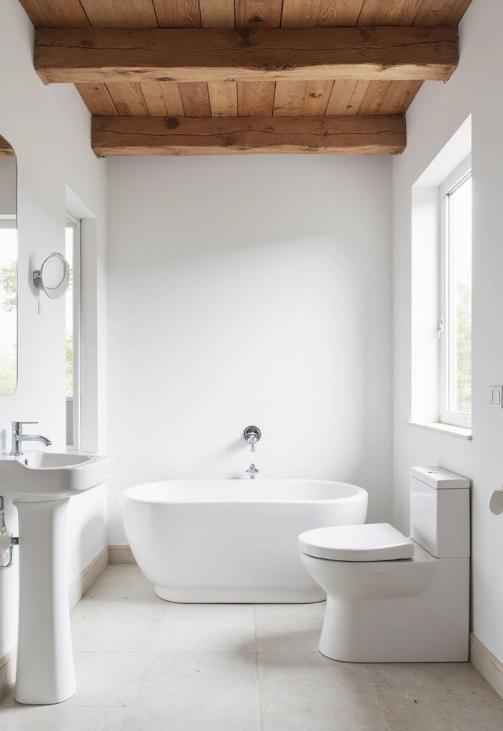 29 White And Wood Bathroom Ideas That Feel Warm - 1. Bright White Walls with Wooden Beams 1