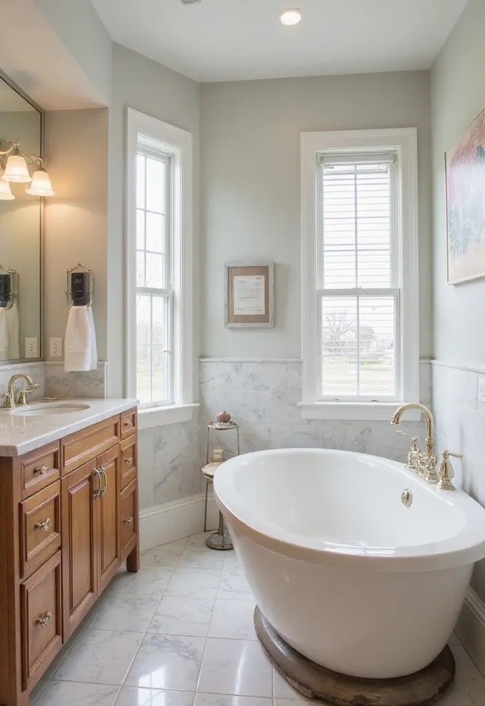 29 White And Wood Bathroom Ideas That Feel Warm - 12. White Marble Countertops with Wooden Cabinets 1