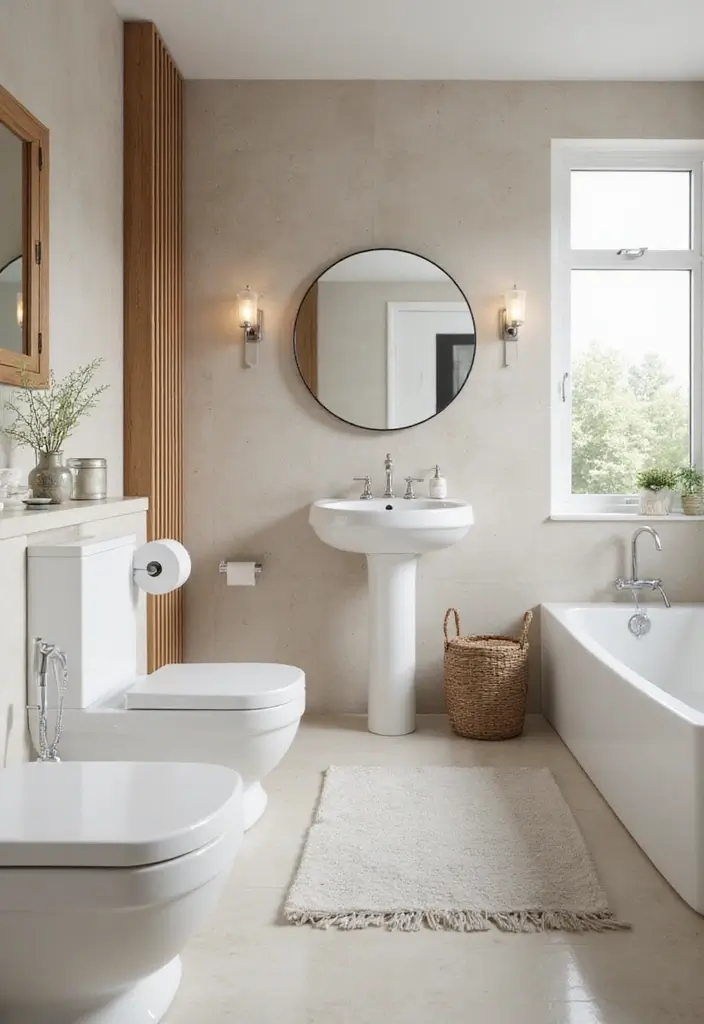 29 White And Wood Bathroom Ideas That Feel Warm - 13. White Porcelain Fixtures with Wood Accents 1