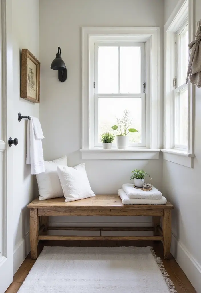 29 White And Wood Bathroom Ideas That Feel Warm - 14. Vintage Wooden Bench with White Accessories 1
