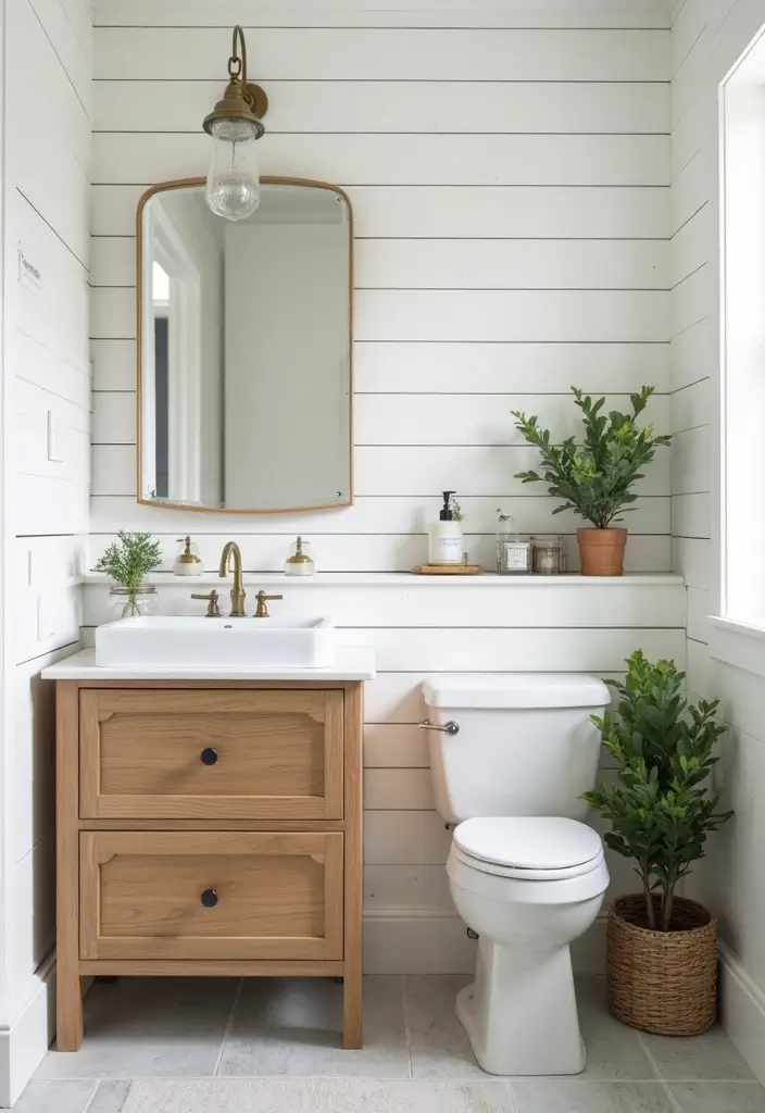 29 White And Wood Bathroom Ideas That Feel Warm - 2. Classic Shiplap Walls with Natural Wood Vanity 1