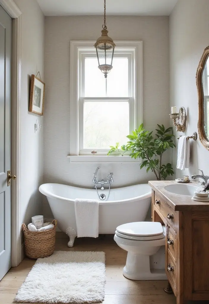 29 White And Wood Bathroom Ideas That Feel Warm - 21. Vintage Decor with a Modern Twist 1