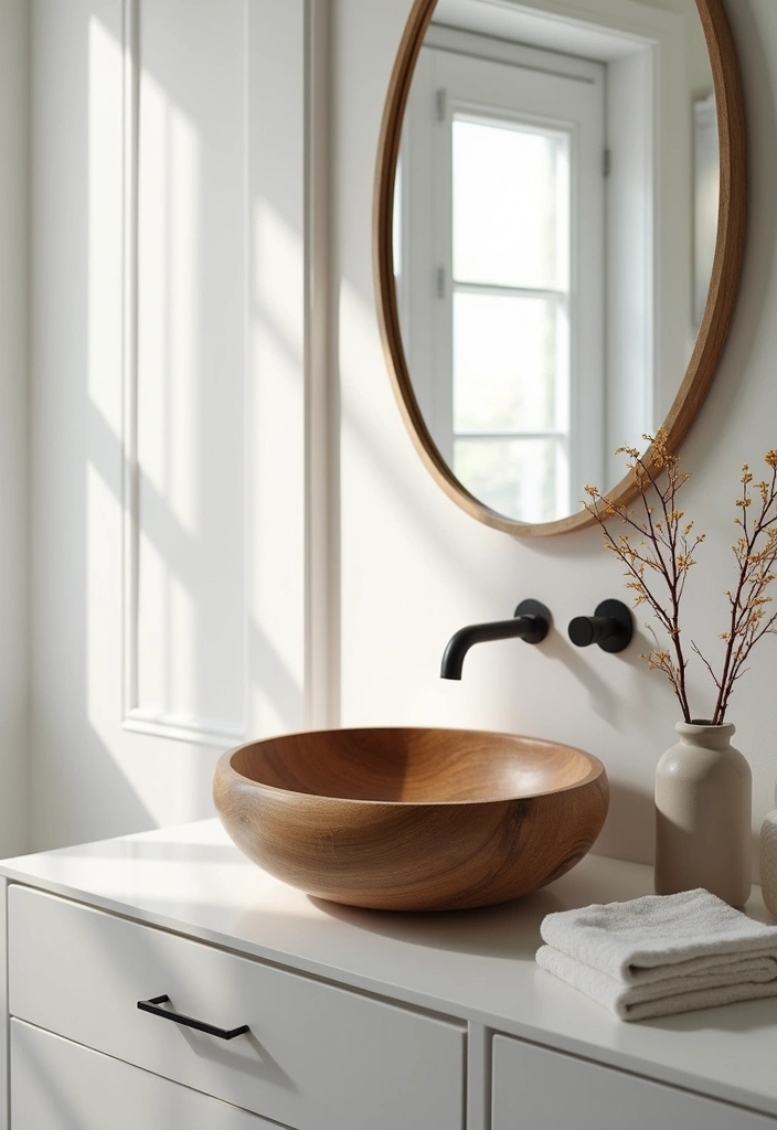 29 White And Wood Bathroom Ideas That Feel Warm - 22. Natural Wood Sink with White Surroundings 1