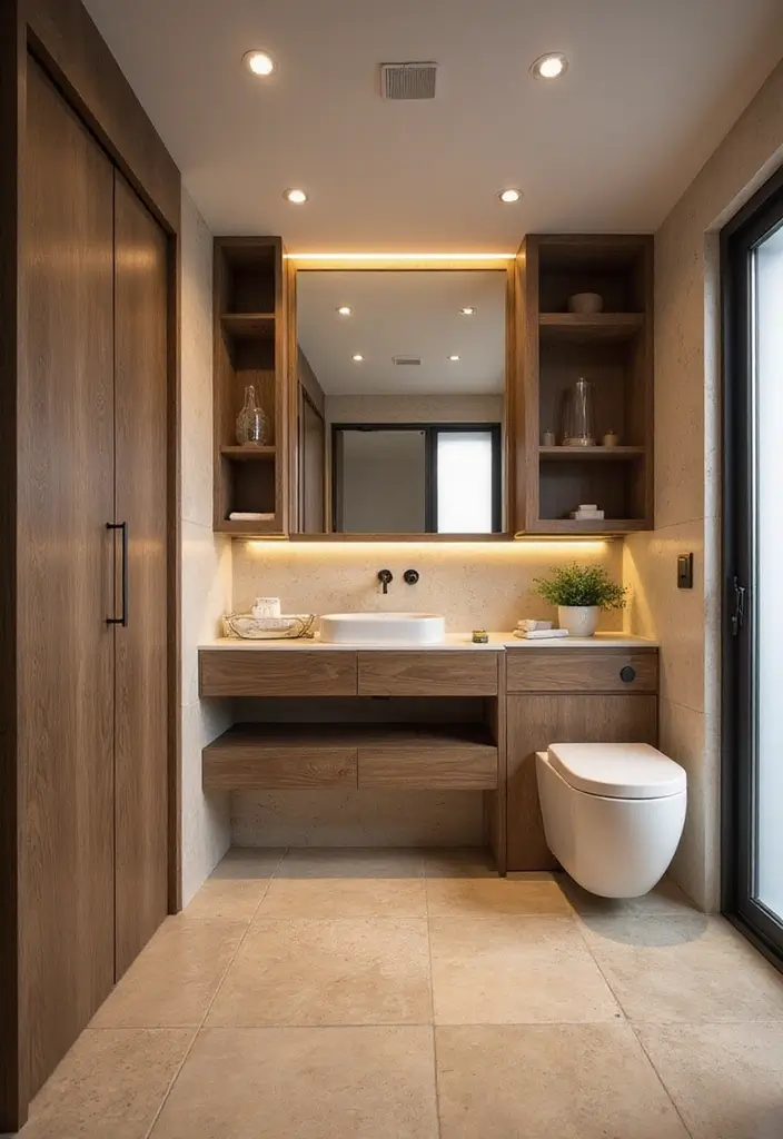 29 White And Wood Bathroom Ideas That Feel Warm - 26. Contrast in Light and Dark Wood Elements 1