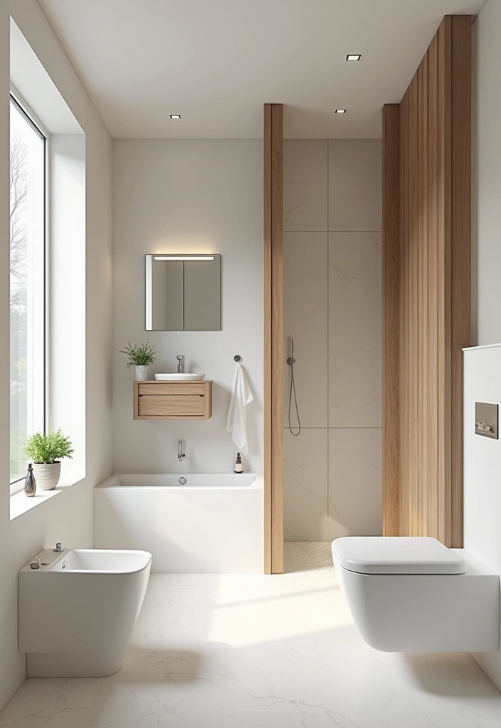 29 White And Wood Bathroom Ideas That Feel Warm - 27. Minimalistic Design with White and Wood 1