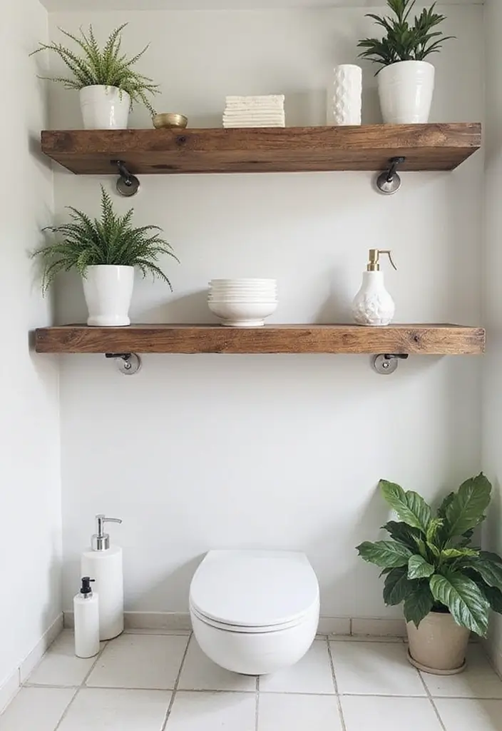 29 White And Wood Bathroom Ideas That Feel Warm - 3. Rustic Wooden Shelves with White Accessories 1