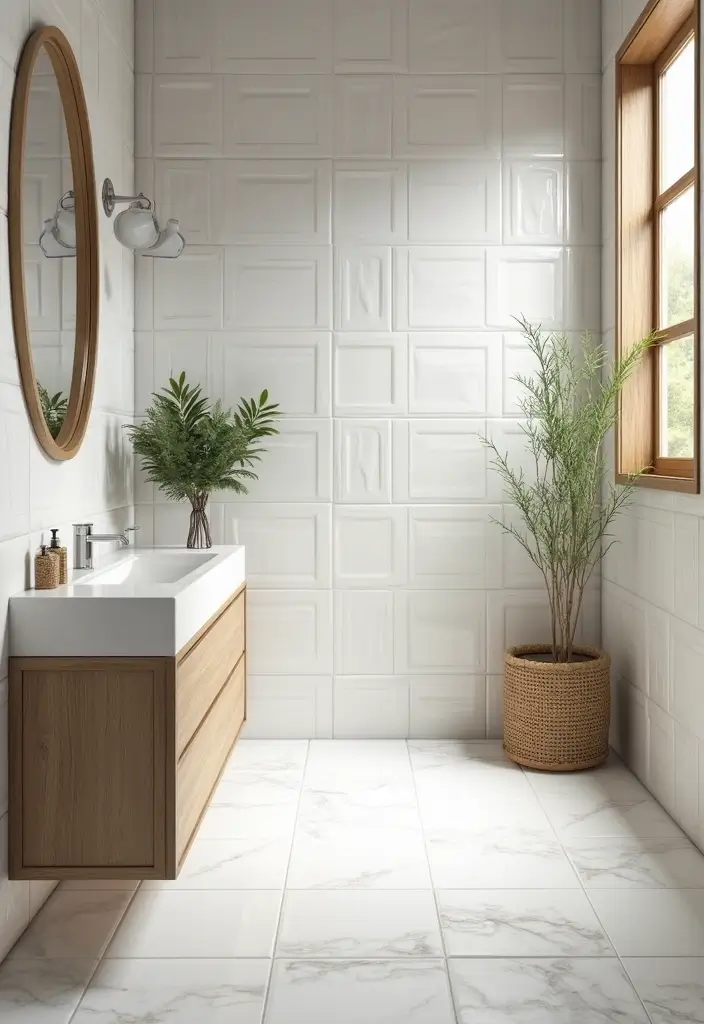 29 White And Wood Bathroom Ideas That Feel Warm - 5. White Ceramic Tiles with Wood Trim 1