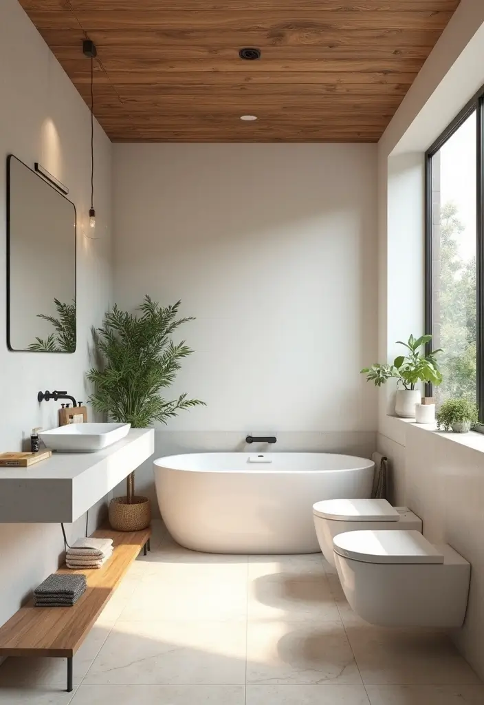 29 White And Wood Bathroom Ideas That Feel Warm - 7. Wood-Covered Ceiling with White Accents 1