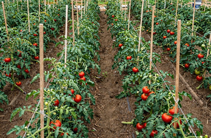 7 Ways to Support Tomato Plants Without Cages 3 florida weave supports tomato rows