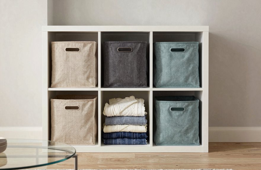 5 Ways to Store Clothes Without a Closet 4 kallax cubes fabric bins labeled