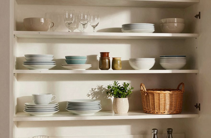 How to Decorate Open Kitchen Shelving in 10 Steps 1 two shelf open shelves rhythm