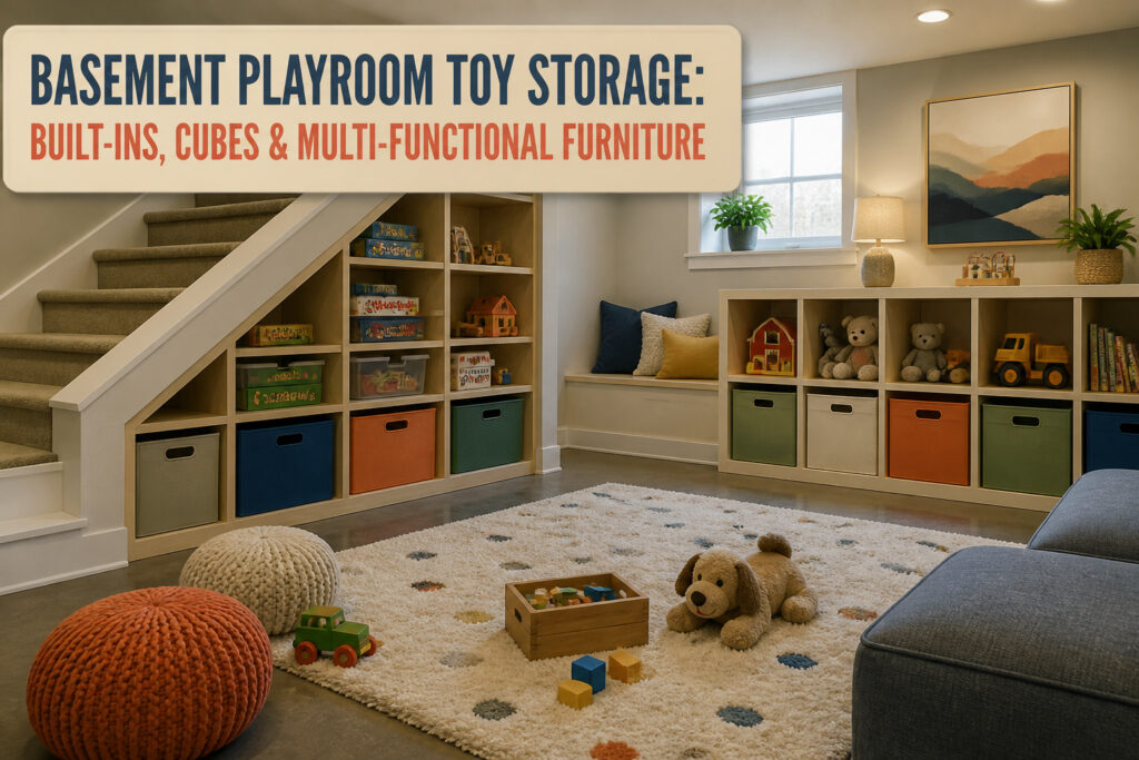 Bright basement playroom featuring various toys and organized storage.