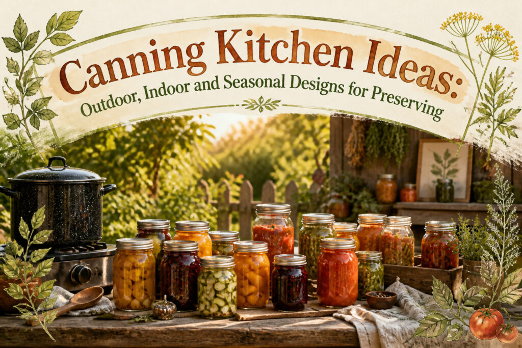 A canning kitchen with jars of preserved goods on display.
