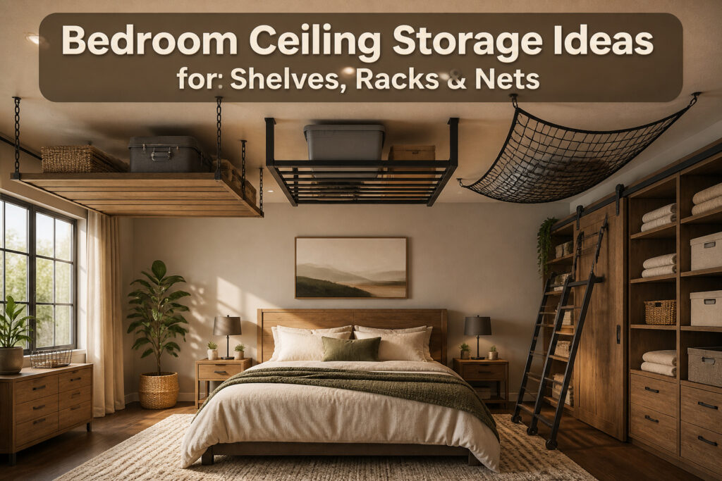 Various ceiling storage solutions displayed in a bedroom setting.