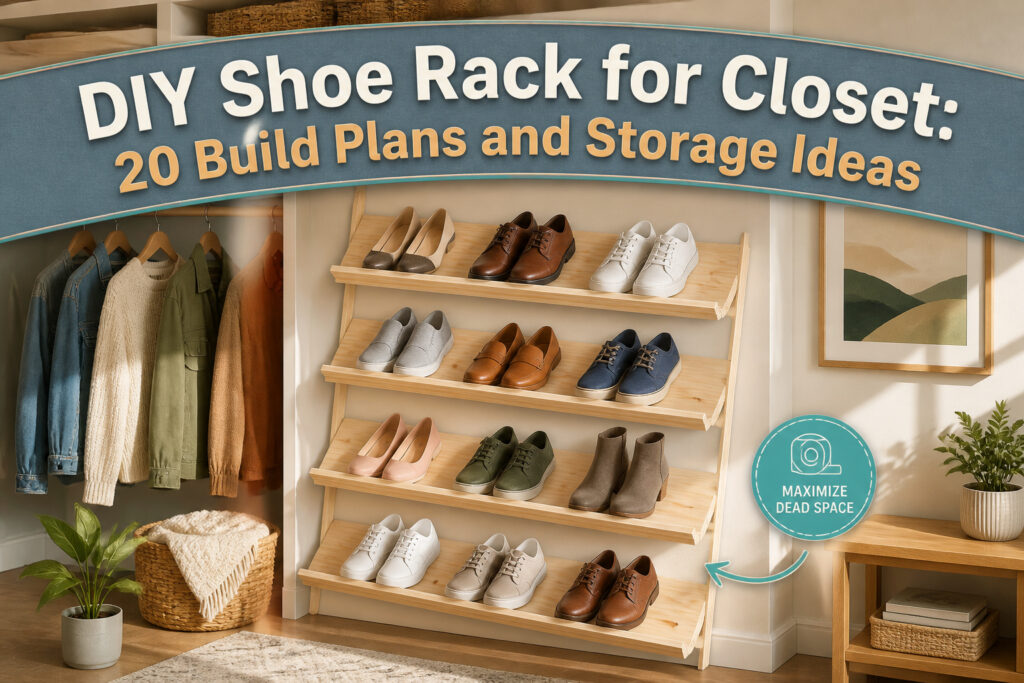 Different styles of DIY shoe racks for closet organization.