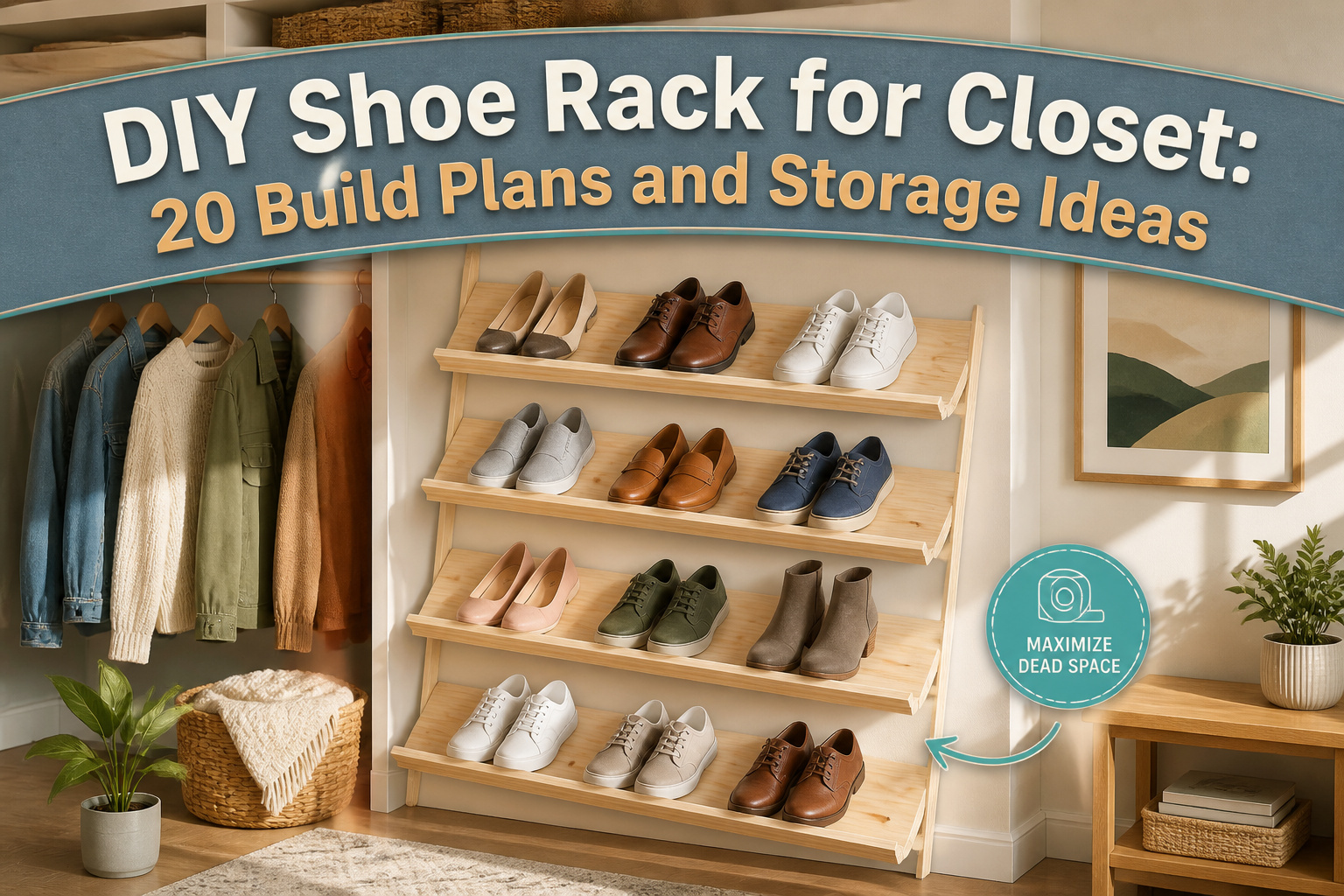 Different styles of DIY shoe racks for closet organization.