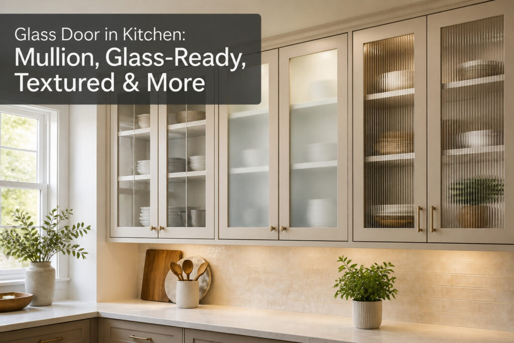 A bright kitchen with multiple glass cabinet doors and elegant decor.