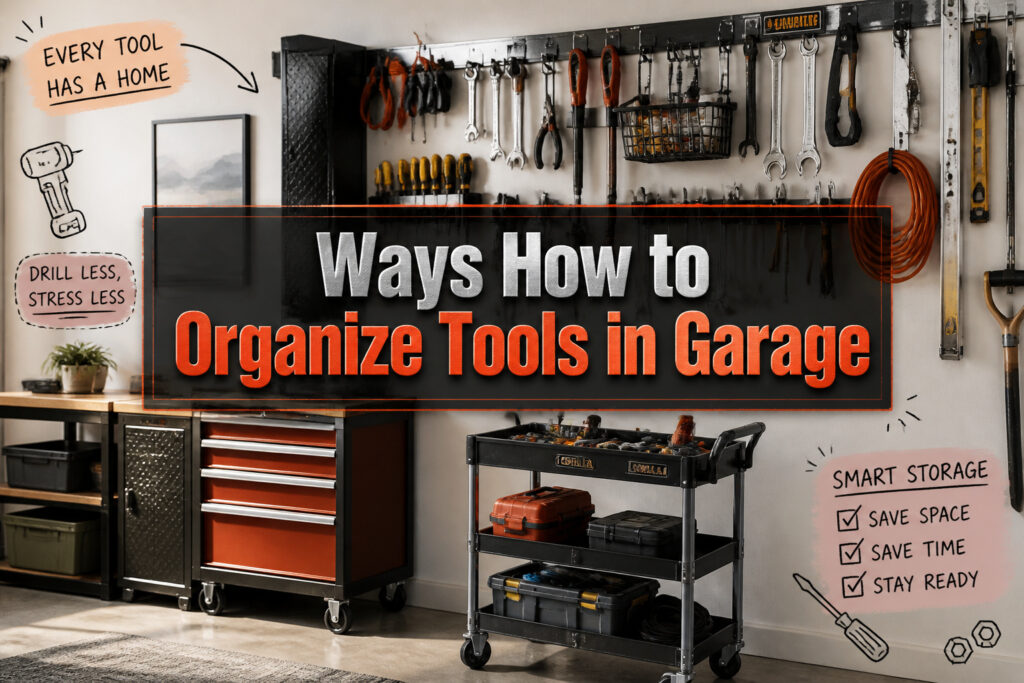 A well-organized garage with different tool storage systems and tools.