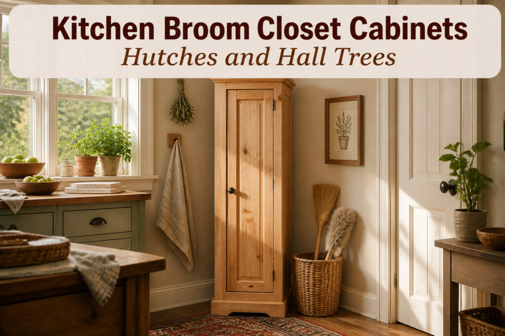 Various kitchen broom closet cabinets and storage solutions displayed together.