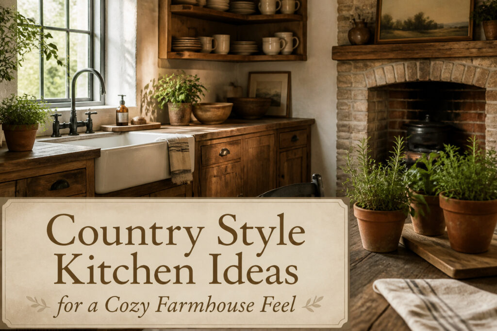 A country-style kitchen with natural materials and warm tones.