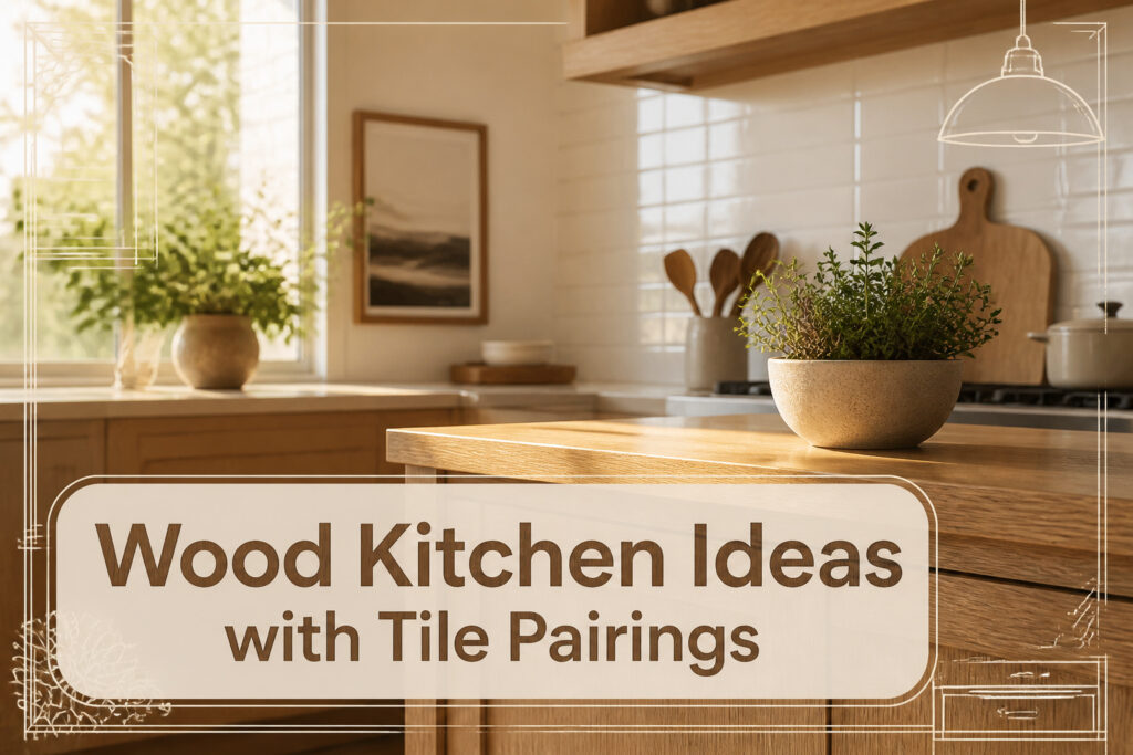 A collage of wood kitchens featuring different tile pairings.