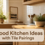 A collage of wood kitchens featuring different tile pairings.
