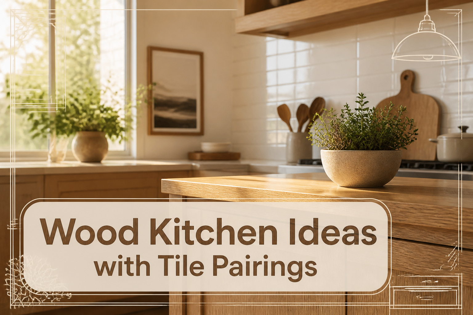A collage of wood kitchens featuring different tile pairings.