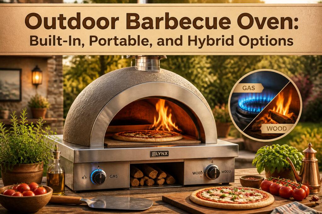 A variety of outdoor barbecue ovens displayed in an outdoor kitchen setting.