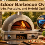 A variety of outdoor barbecue ovens displayed in an outdoor kitchen setting.