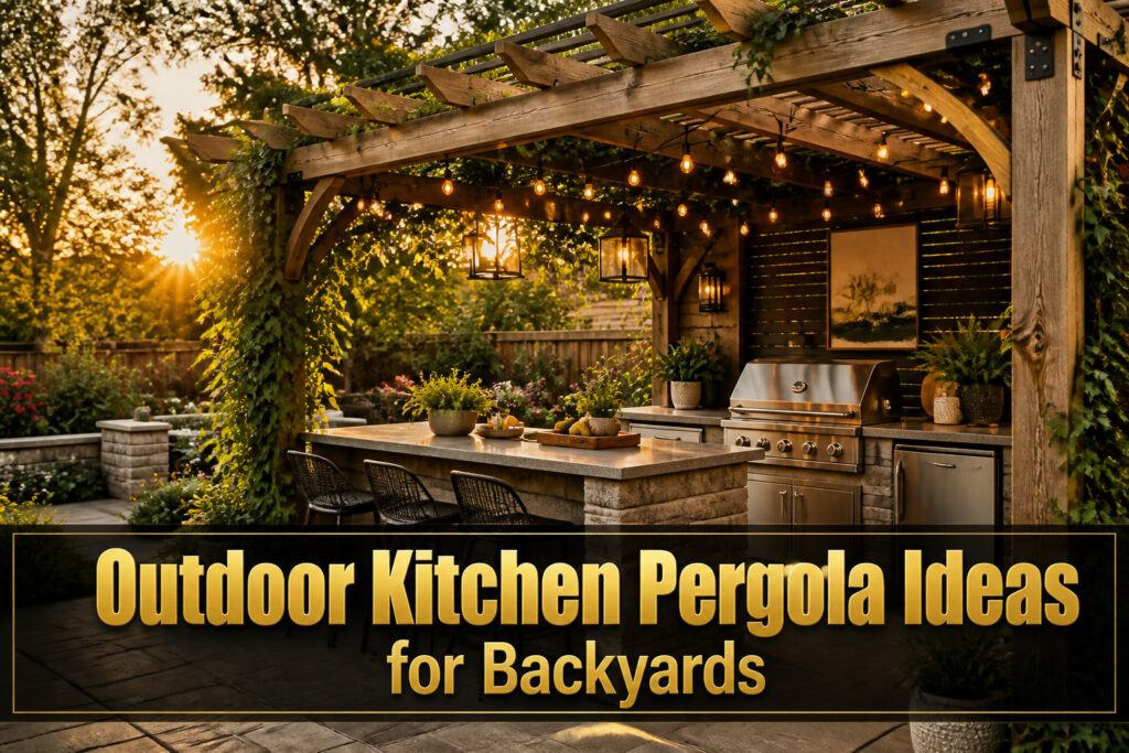 An outdoor kitchen pergola with seating and a grill in a backyard.