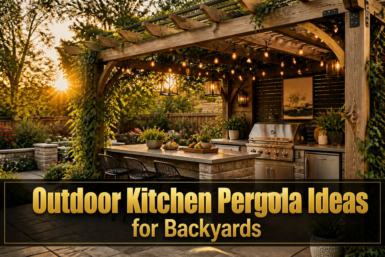 An outdoor kitchen pergola with seating and a grill in a backyard.