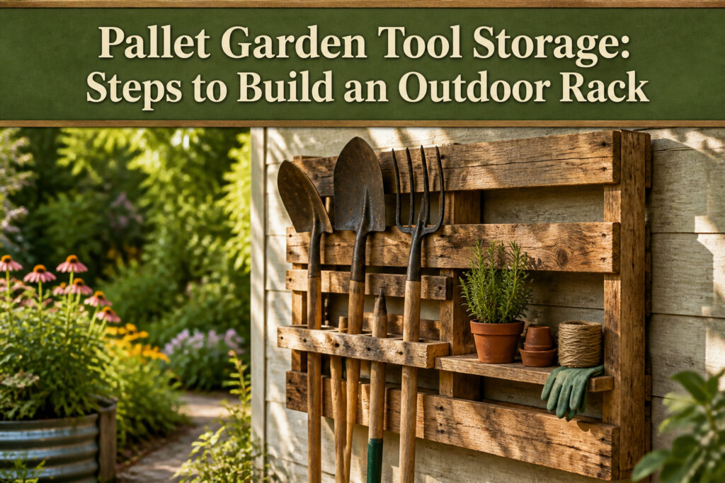 A pallet garden tool rack against a garden backdrop with tools and flowers.