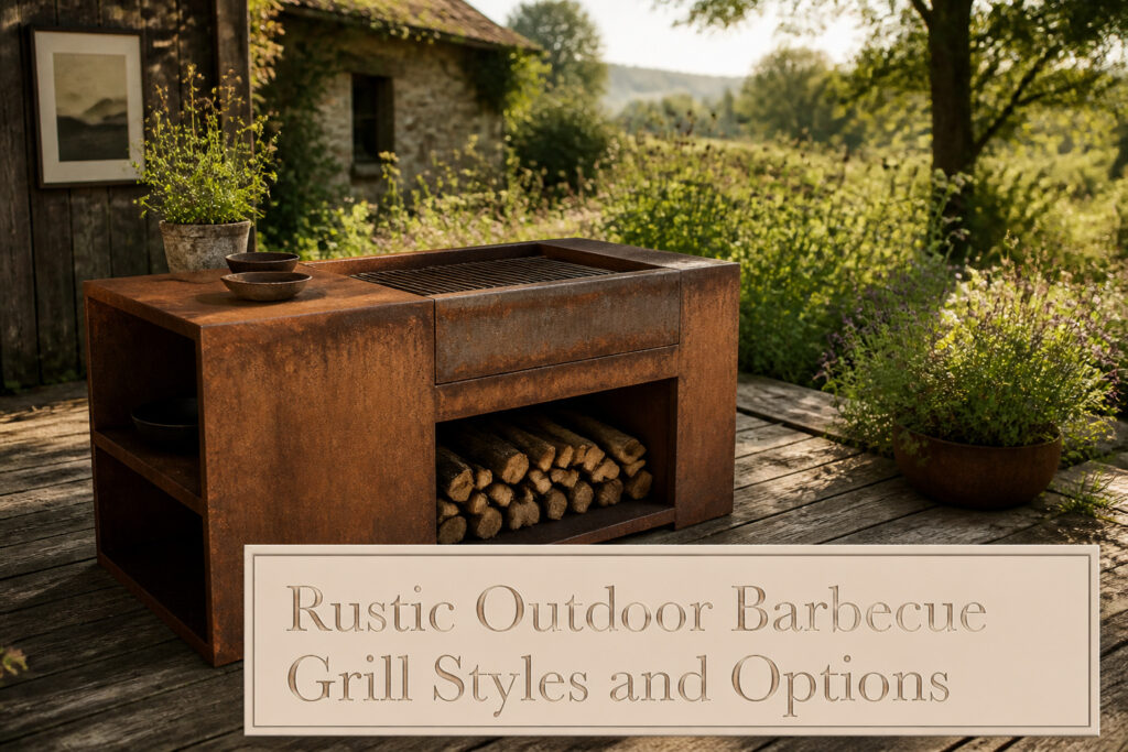 Rustic outdoor barbecue grill made of corten steel on a brick-paved patio.