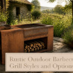 Rustic outdoor barbecue grill made of corten steel on a brick-paved patio.