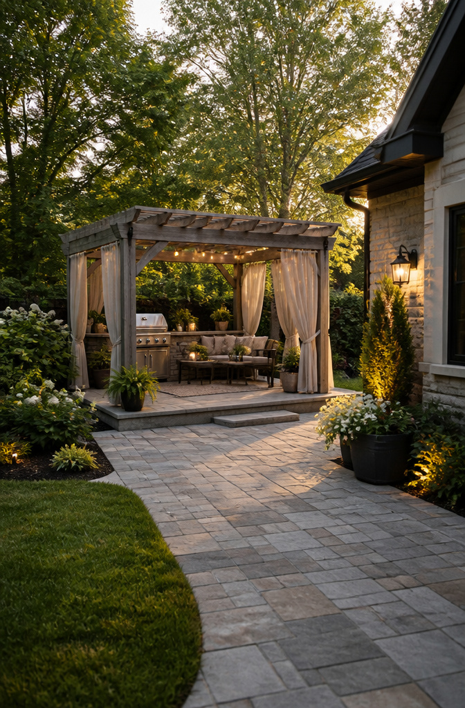 7 Outdoor Kitchen Pergola Ideas for Backyards in 2026 1 A small pergola with curtains and string lights in a backyard.
