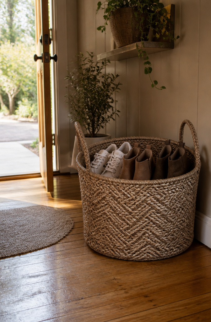 7 Shoe Rack Front Door Ideas for 2026 1 A seagrass basket by the front door containing stylish sneakers and ankle boots.