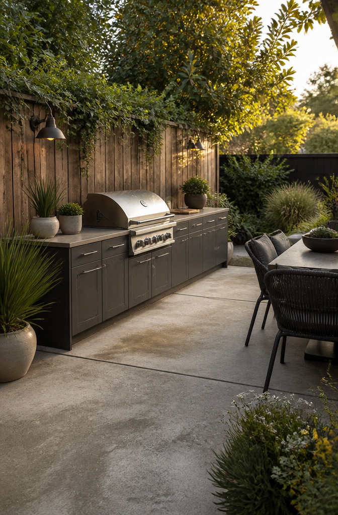 Compact outdoor kitchen with built-in grill and short counter.