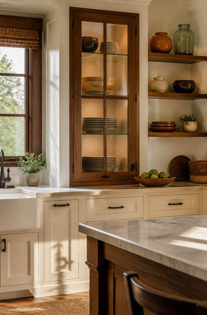 Mullion glass cabinet door divided into four sections with wood grille.