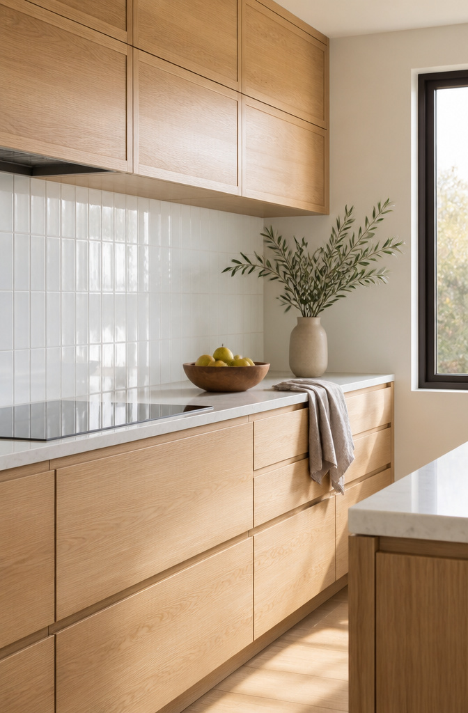 A small kitchen with light oak cabinets and a glossy white tile backsplash.