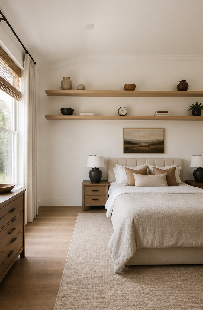 7 Bedroom Ceiling Storage Ideas for 2026: Shelves, Racks & Nets 1 Shelves mounted against the ceiling with books and decor items.