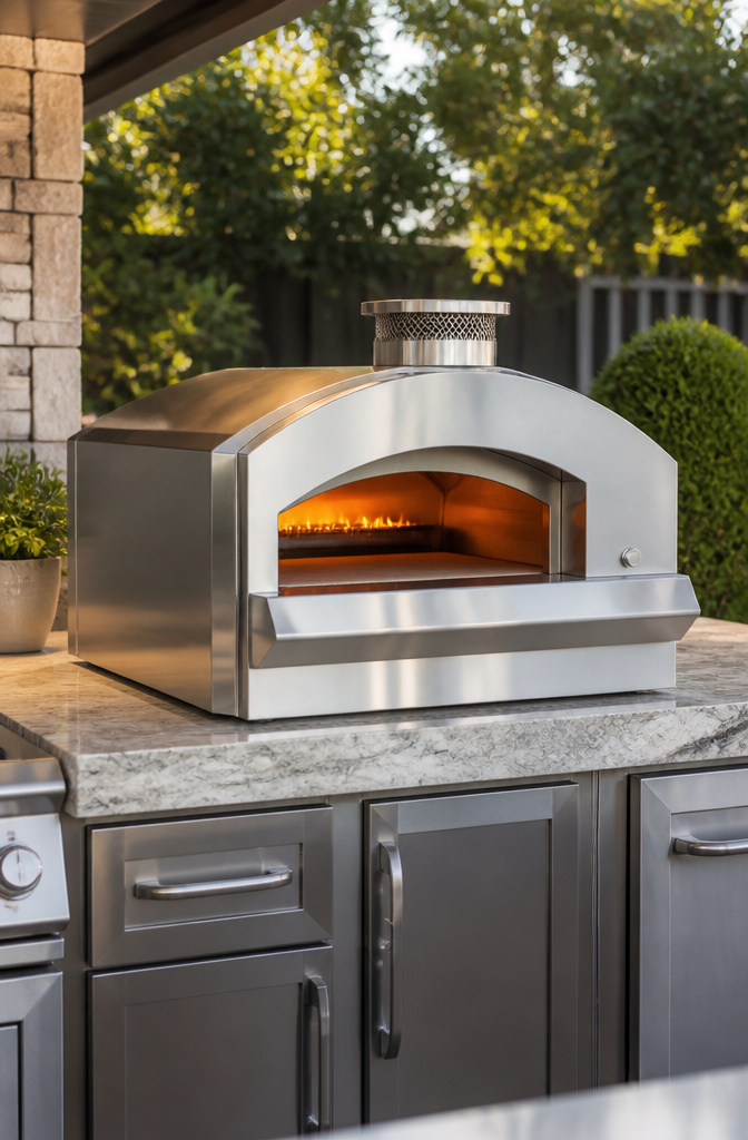 The Lynx Professional Napoli 30-inch gas pizza oven installed in an outdoor kitchen.