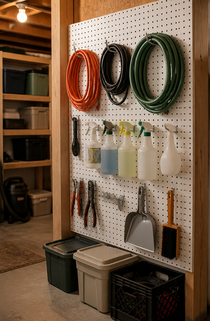 A pegboard wall displaying various tools and hooks in a basement.