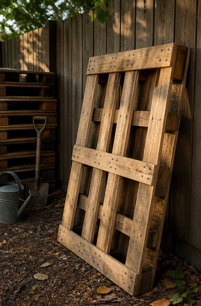 Pallet Garden Tool Storage: 7 Steps to Build an Outdoor Rack 1 A weathered wooden pallet leaning against a fence with a visible 'HT' stamp.