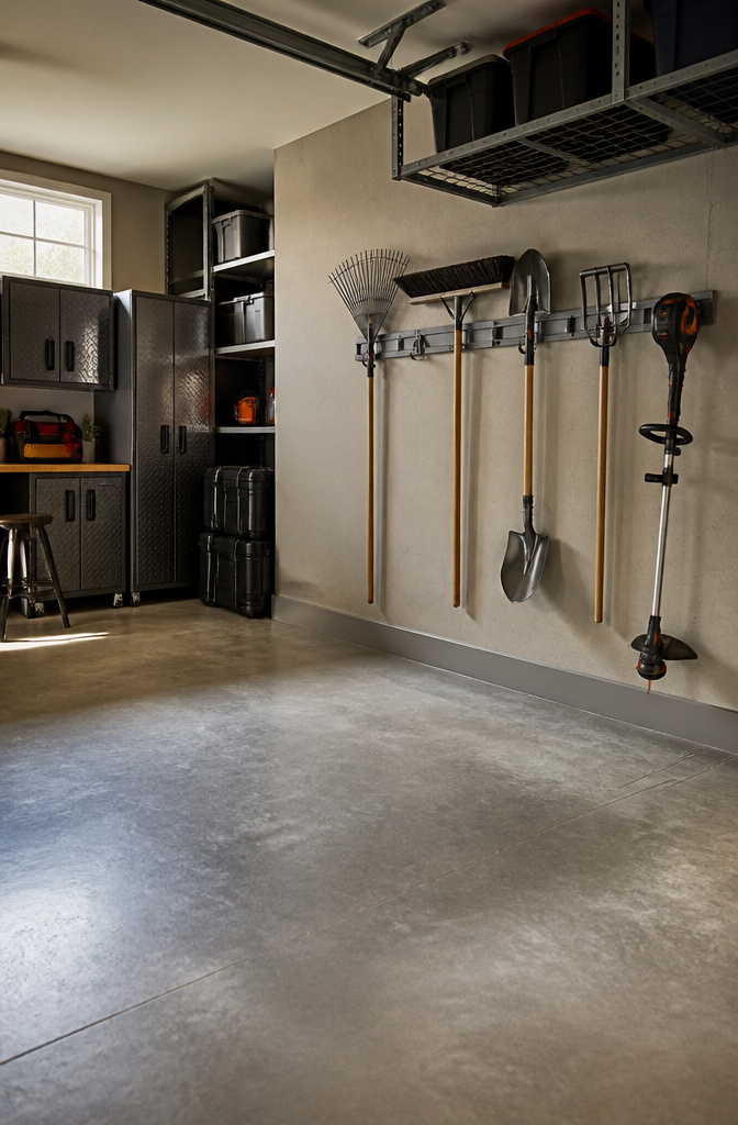 A wall-mounted Gladiator GearTrack system with tools organized on hangers.