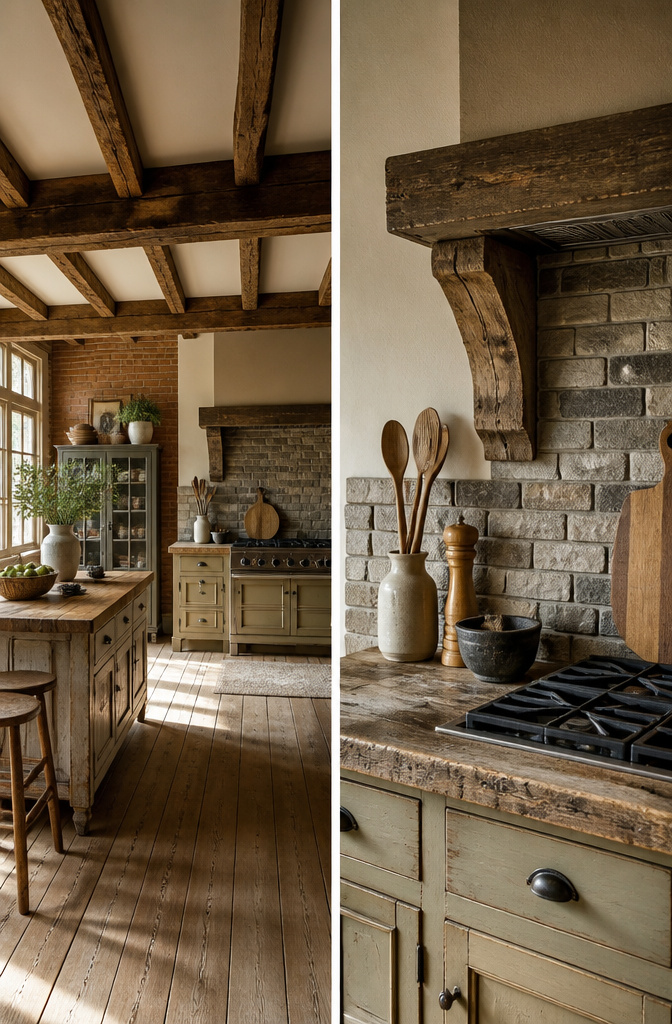 20 Country Style Kitchen Ideas for a Cozy Farmhouse Feel 1 A country kitchen with wood beams and a stone backsplash.