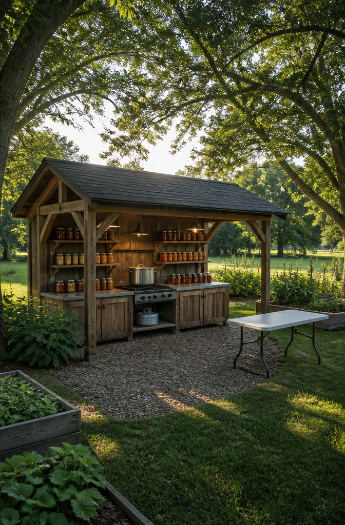 Canning Kitchen Ideas: Outdoor, Indoor and Seasonal Designs for Preserving 1 An outdoor canning kitchen with a propane burner and a long counter.